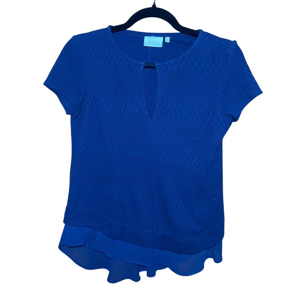 Deletta - Navy Blue Textured Keyhole Top - Women's XS